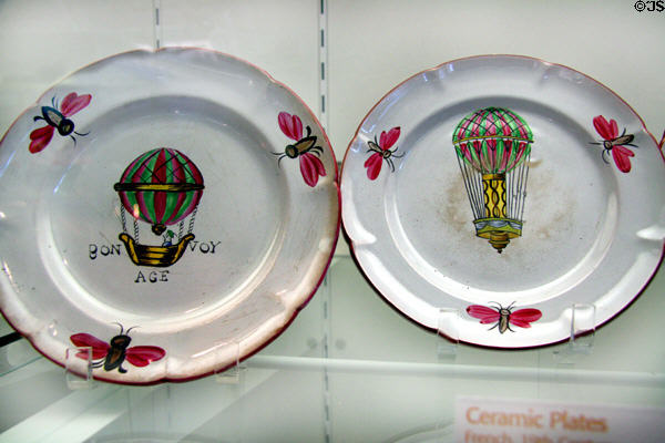 French ceramic plates (19thC) depicting early balloon flights at National Air & Space Museum. Chantilly, VA.