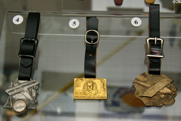 Collection of Charles A. Lindbergh souvenir watch fobs at National Air & Space Museum. Chantilly, VA.