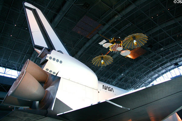 Tail of Space Shuttle Enterprise (1977) under TDRSS Satellite at National Air & Space Museum. Chantilly, VA.