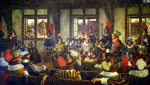 First Legislature in New World in Jamestown on July 30 - Aug. 4, 1618, under Governor Sir George Yeardley painting by Jack Clifton Virginia State Capitol. Richmond, VA.