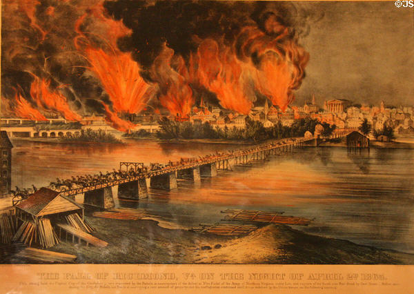 The Fall of Richmond on April 2, 1865 after defeat at Battle of Five Forks graphic by Currier & Ives at Museum of Virginia History. Richmond, VA.