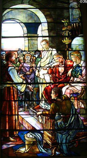 Paul before Herod Agrippa explaining his two-year imprisonment in stained glass dedicated to Jefferson Davis, window (1898) by Tiffany Studios in St Paul's Episcopal Church. Richmond, VA.