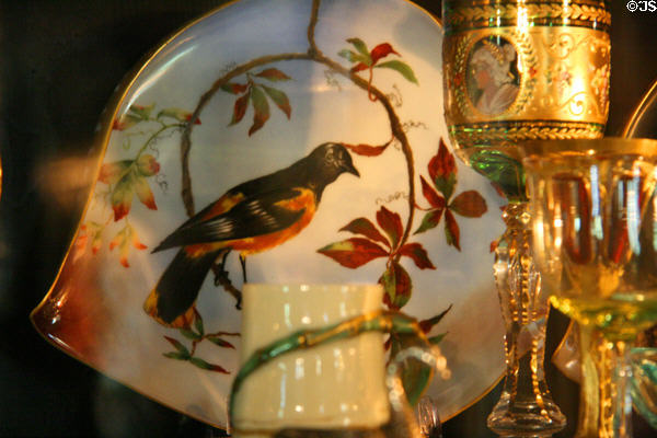 Fruit plate depicting oriole in Haviland's duplicate of President Rutherford B. Hayes China at Maymont Mansion. Richmond, VA.