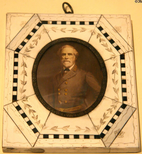 Portrait of Robert E. Lee in engraved bone frame at Siege Museum. Petersburg, VA.