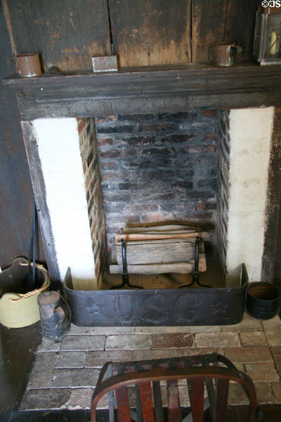 Fireplace in U.S. Grant's HQ cabin with fender with USG initials at Hopewell. Hopewell, VA.