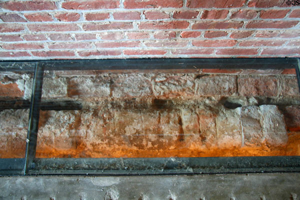 Foundations of 1617 church under glass within Memorial Church at Jamestown Colonial National Park. Jamestown, VA.
