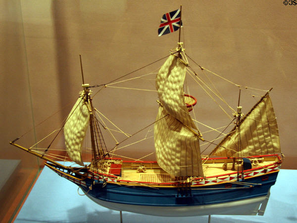 Model of Godspeed 40- ton sailing ship captained by Bartholomew Gosnold which carried 52 settlers in Jamestown National Park Museum. Jamestown, VA.