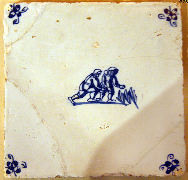 Delftware tile (c1650-1700) found in New Towne Jamestown in Jamestown National Park Museum. Jamestown, VA.