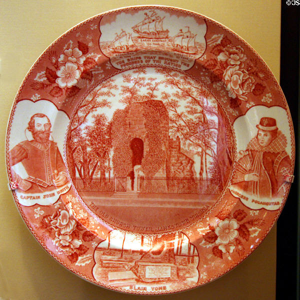 Captain John Smith & Pocahontas on commemorative plate (1957) in Jamestown National Park Museum. Jamestown, VA.