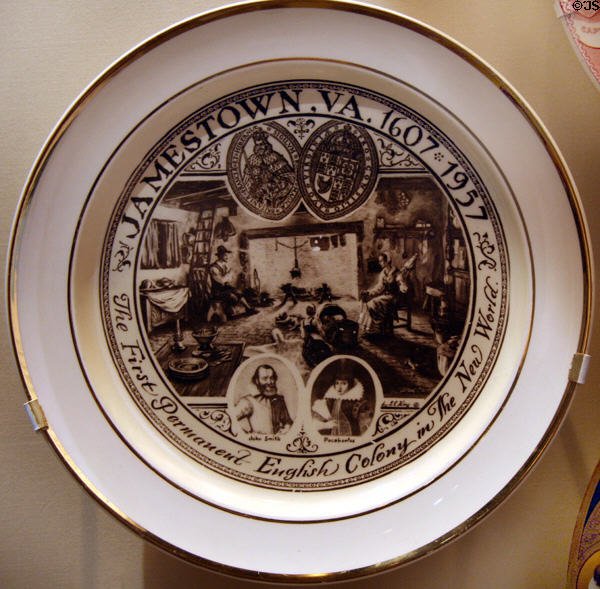 Jamestown commemorative plate (1957) in Jamestown National Park Museum. Jamestown, VA.