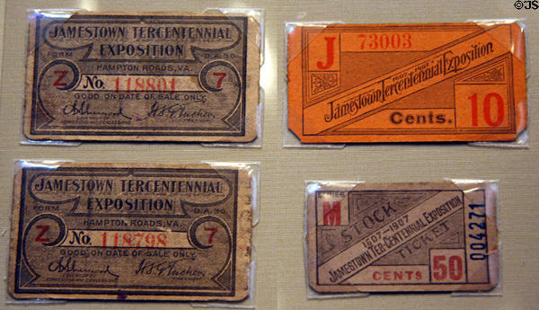 Jamestown Tercentennial Exposition (1907) admission tickets in Jamestown National Park Museum. Jamestown, VA.