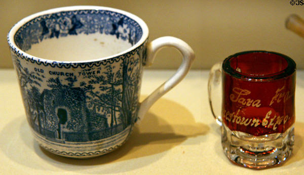 Jamestown Exposition (1907) souvenir Old Church Tower cup & ruby-glass mug in Jamestown National Park Museum. Jamestown, VA.