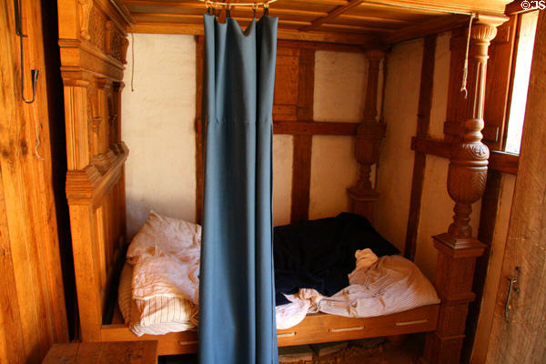 Covered bed inside governor's house in Fort James at Jamestown Settlement. Jamestown, VA.