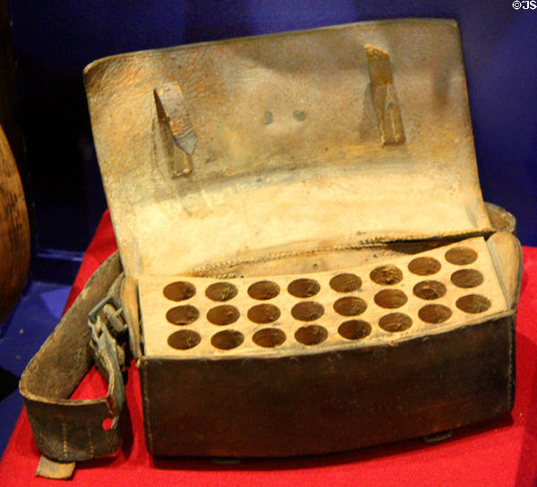 Cartridge Box (1765-75) carried by Timothy Jones of MA at Battle of Bennington at Bennington Museum. Bennington, VT.