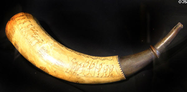 Powder horn (1758) with engraved marching troops at Bennington Museum. Bennington, VT.