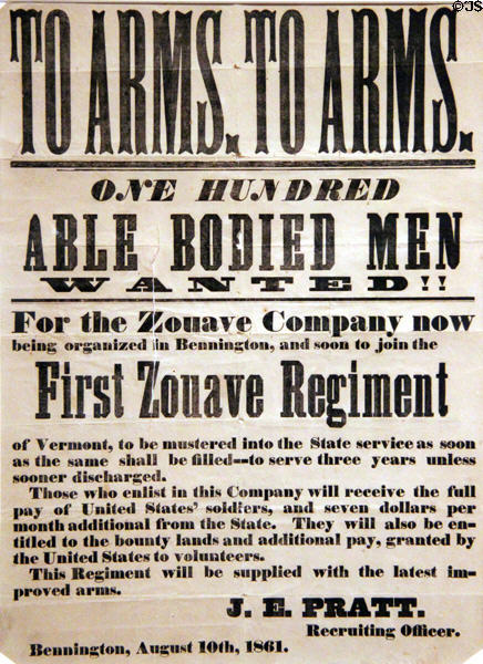 Poster (1861) recruiting for Civil War troops at Bennington Museum. Bennington, VT.