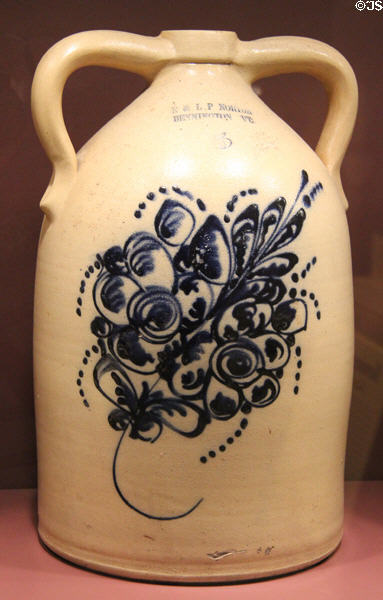 Stoneware jug (1861-82) painted with bouquet by E&LP Norton & Co. of Bennington, VT at Bennington Museum. Bennington, VT.
