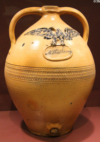 Stoneware jug with applied eagle & owner's name (c1840s) by Julius Norton Pottery of Bennington, VT at Bennington Museum. Bennington, VT.