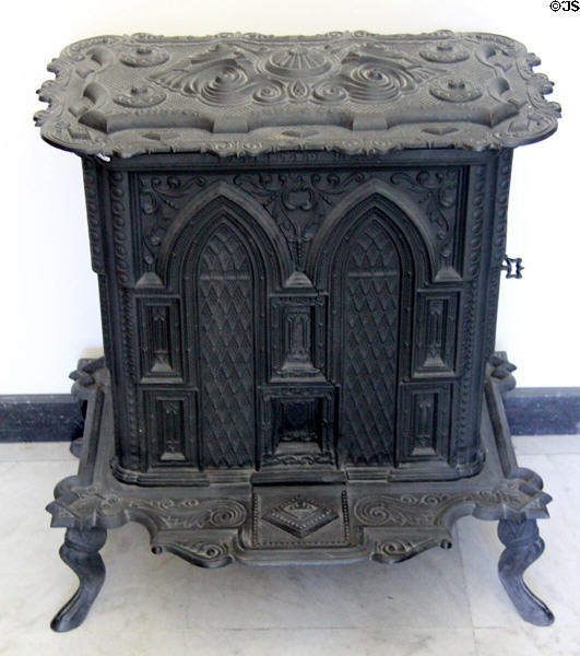 Parlor stove with Gothic-style panels at Bennington Museum. Bennington, VT.