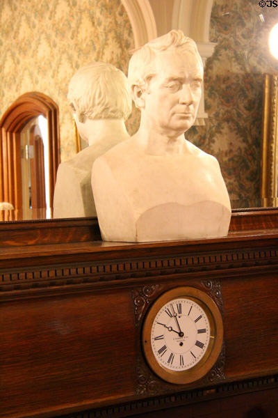 Marble bust of Hiland Hall (1866) by Henry Dexter over clock by E. Howard & Co. of Boston at Park-McCullough Historic Estate. North Bennington, VT.