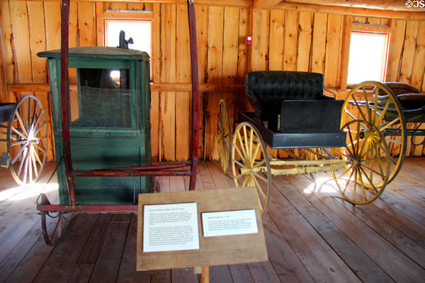 Rural free delivery sleigh (early 20thC) & Side-bar democrat wagon (c1890) at President Calvin Coolidge State Historic Park. Plymouth Notch, VT.