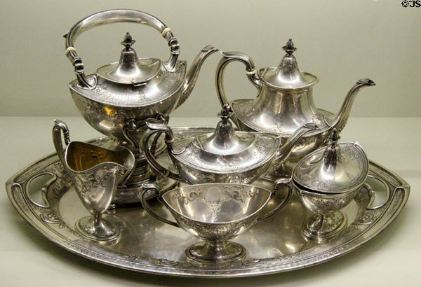 Coolidge White House sterling silver tea service (1927) by T. Kirkpatrick & Co., New York at President Calvin Coolidge State Historic Park. Plymouth Notch, VT.