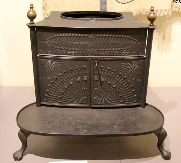 Cast iron stove (c1825) by Rufus & Jonathan Wainwright of Middlebury, VT at Vermont History Center. Barre, VT.