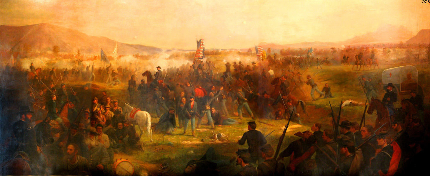 Battle of Cedar Creek painting (1871-4) by Julian Scott, shows a Civil War battle in Virginia's Shenandoah Valley on Oct., 1864, when the First Vermont Brigade rallies to reverse a Union retreat at Vermont State House. Montpelier, VT.