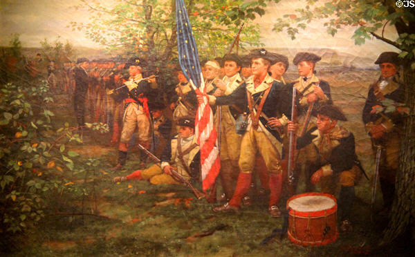 Green Mountain Boys at Hand's Cove painting (1876-7) by Julian Scott, shows troops of Ethan Allen & Benedict Arnold gathered to take Fort Ticonderoga at Vermont State House. Montpelier, VT.