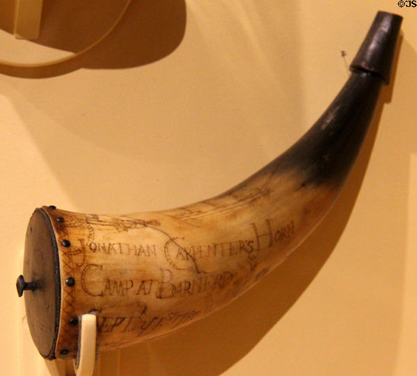 Powder horn (1780) from Fort Defiance in Barnerd [sic], VT at Vermont History Museum. Montpelier, VT.