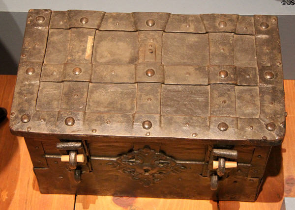 Iron trunk captured by Americans from Hessians at Battle of Trenton (1777) which later passed into hands of Vermonter Lewis Morris at Vermont History Museum. Montpelier, VT.