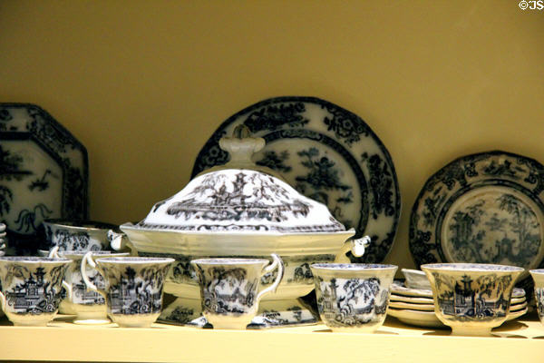 Blue & white ceramic tableware(1820-60) at Vermont History Museum. Montpelier, VT.