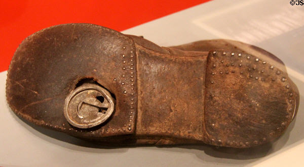 Civil War shoe with piece of artillery shell embedded during Battle of Gettysburg at Vermont History Museum. Montpelier, VT.