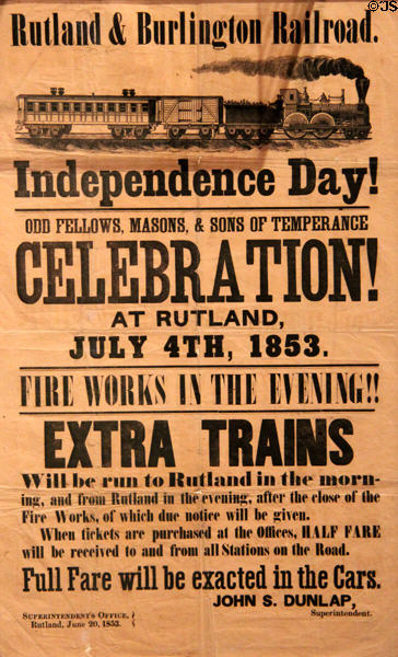 Rutland & Burlington Railroad poster (1853) celebrating Independence Day at Vermont History Museum. Montpelier, VT.