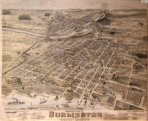 Birds Eye view of Burlington, VT graphic (1877) by J.J. Stoner of Madison, Wis. at Vermont History Museum. Montpelier, VT.