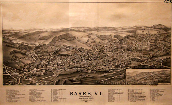 Birds Eye view of Barre, VT graphic (1891) by George E. Norris of Brockton, MA at Vermont History Museum. Montpelier, VT.
