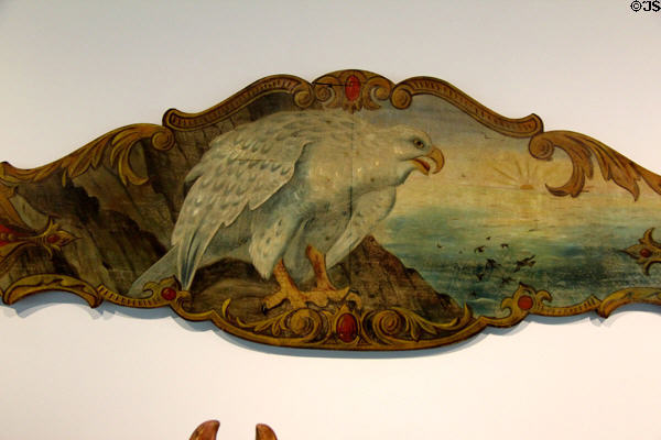 Carousel painted panel of white hawk in circus building at Shelburne Museum. Shelburne, VT.