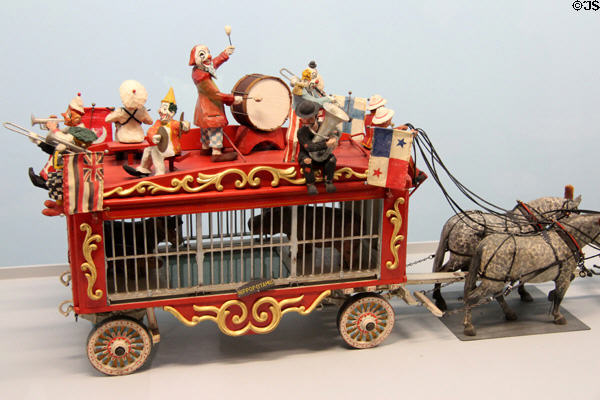 Clown band atop hippo wagon circus parade figure (1925-55) in circus building at Shelburne Museum. Shelburne, VT.