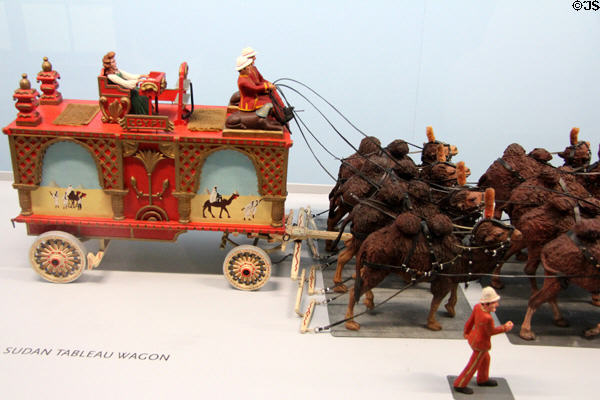 Sudan tableau wagon pulled by camels circus parade figure (1925-55) in circus building at Shelburne Museum. Shelburne, VT.