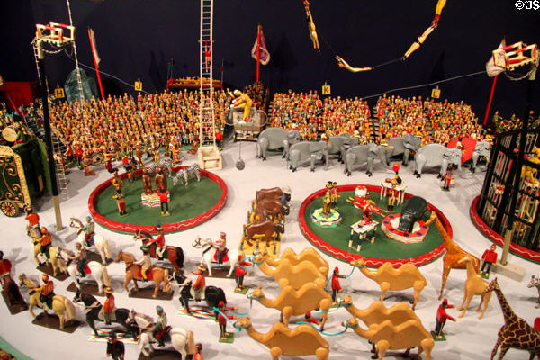 Miniature three-ring circus (c1910-56) carved by Edgar Kirk in circus building at Shelburne Museum. Shelburne, VT.
