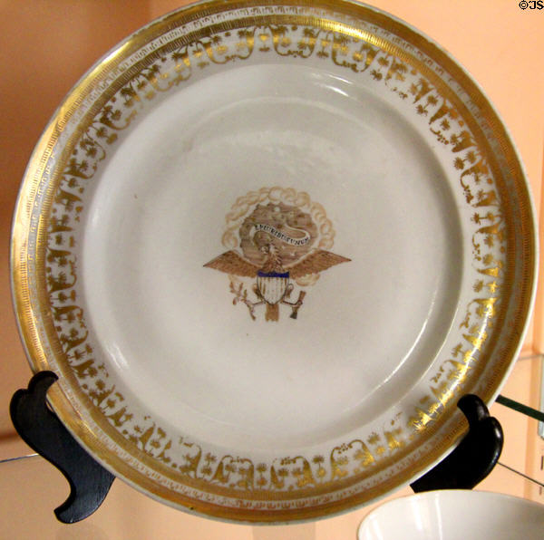 Chinese export porcelain plate with American seal at Shelburne Museum. Shelburne, VT.