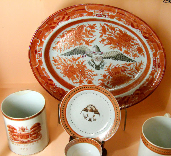 Chinese export porcelain plates & cups with American theme at Shelburne Museum. Shelburne, VT.