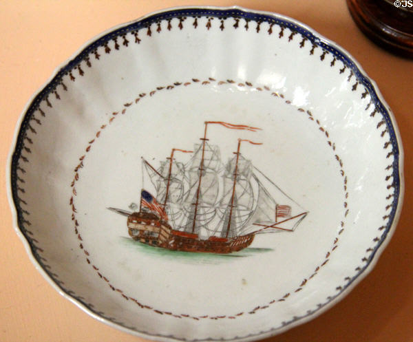 Chinese export porcelain bowl with American sailing ship at Shelburne Museum. Shelburne, VT.