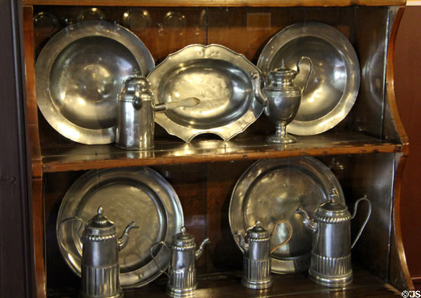 Collection of pewter (tin, bismuth & lead) & Britannia (tin, bismuth & antimony) plates & vessels at Shelburne Museum. Shelburne, VT.