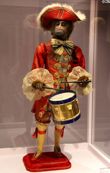 Automaton in form of monkey drummer which plays drum while moving head & eyes (late 19thC) by Gustave Vichy or Alexandre Theroude of France at Shelburne Museum. Shelburne, VT.