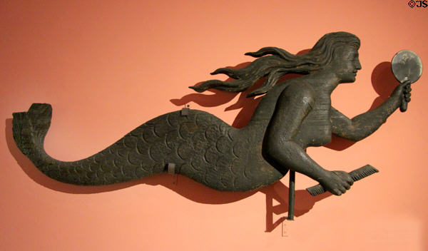 Carved wood mermaid weathervane (1825-50) by Warren Gould Roby of Wayland, MA at Shelburne Museum. Shelburne, VT.