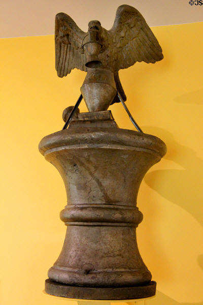Carved eagle atop mortar & pestle apothecary shop sign (mid 19thC) at Shelburne Museum. Shelburne, VT.