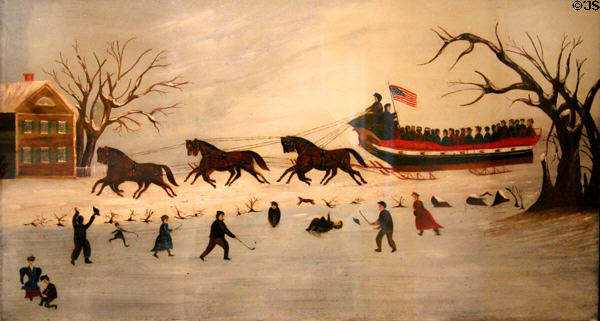 Suffragettes Taking a Sleigh Ride on the Constitution painting (1870-90) by unknown at Shelburne Museum. Shelburne, VT.