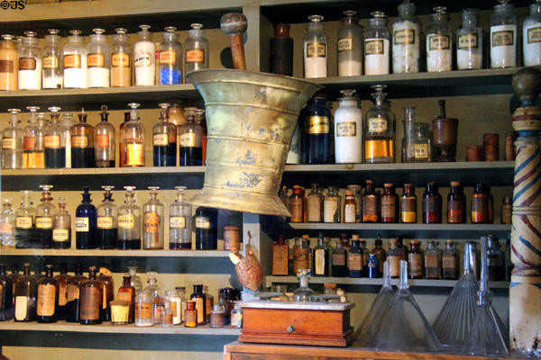 Apothecary shop bottles interior at Shelburne Museum. Shelburne, VT.