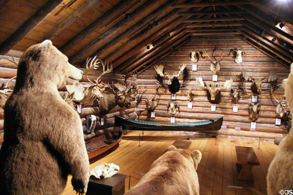 Log Beach Lodge designed to resemble Adirondack hunting camp & to display hunting trophies & taxidermy at Shelburne Museum. Shelburne, VT.